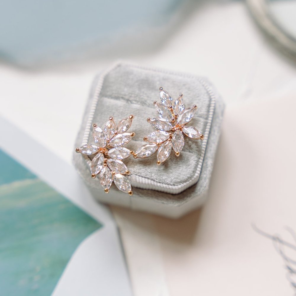 Rose Gold Crystal Leaf Studs